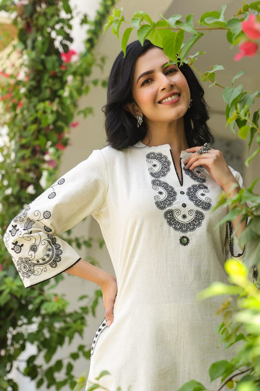 Elegant Cream Coord Set with Black Thread Embroidery