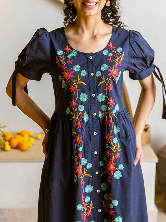 Navy Blue Floral Embroidered Cotton Dress