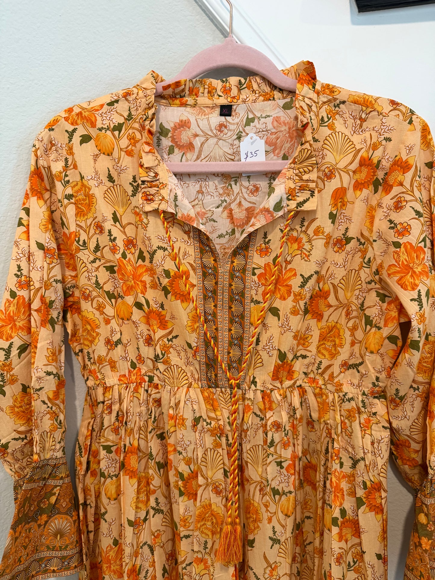 Autumn Glow: Peach & Marigold Floral Cotton Boho Dress