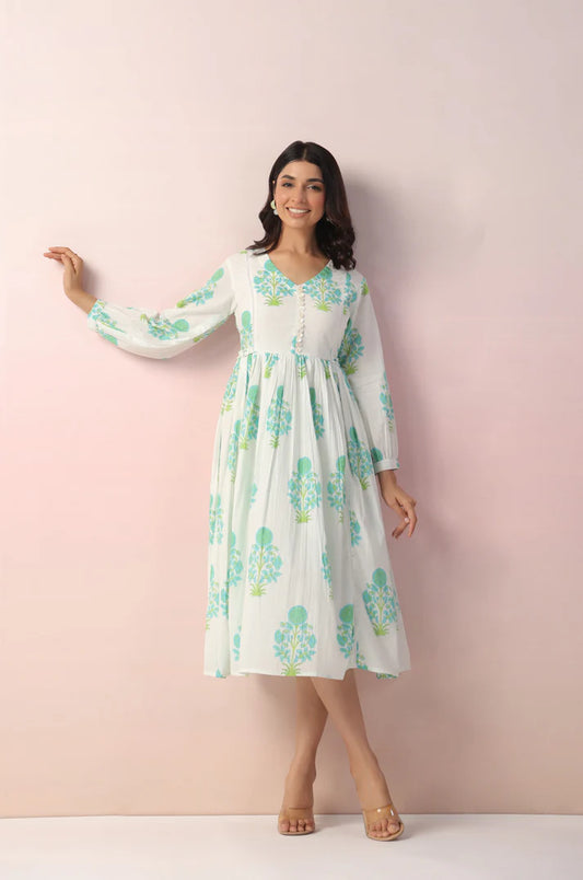 White & Aqua Blue Handblock Printed Cotton Dress