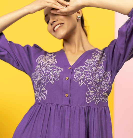 Purple Cotton Embroidered Dress