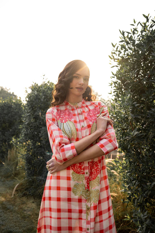 Red & White Checked Floral Cotton Kurta Set