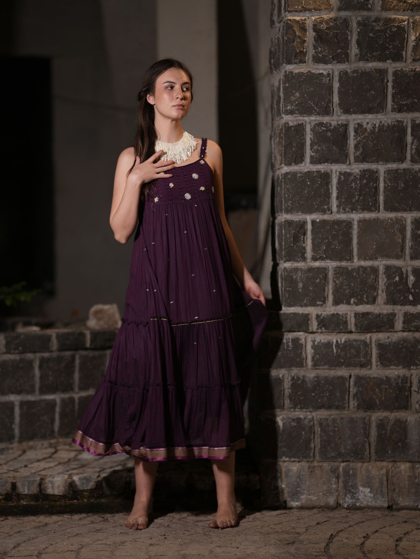 Purple Jamdani Cotton Midi Dress