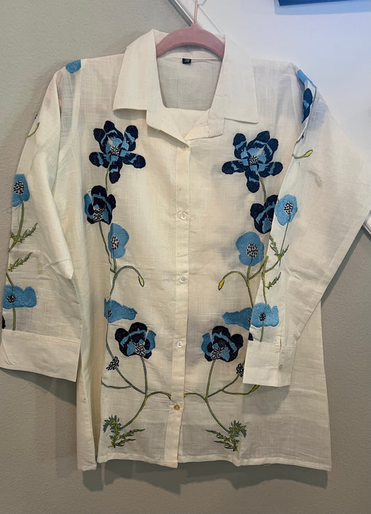 White Mul Cotton Coord Set with Blue Floral Embroidery