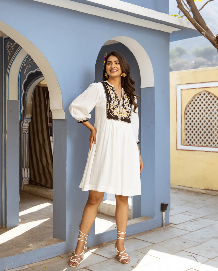Earthy Elegance: White & Brown Dress
