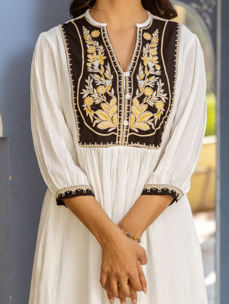 Earthy Elegance: White & Brown Dress