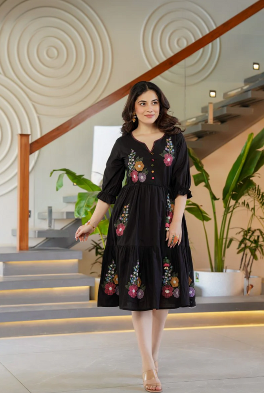 Flora Noir Midi Dress