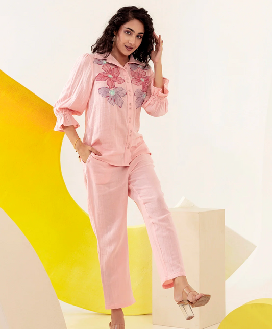 Peach Pink Embroidered Coord Set