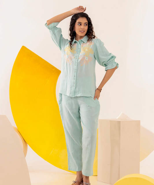 Pastel Blue Embroidered Coord Set