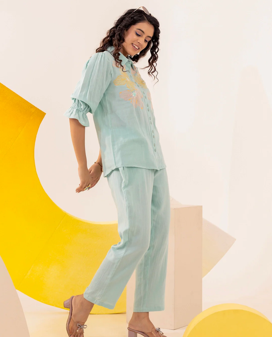 Pastel Blue Embroidered Coord Set