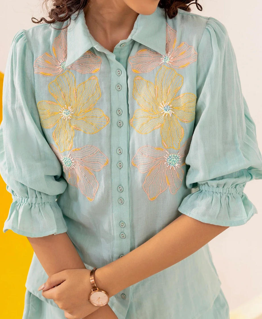 Pastel Blue Embroidered Coord Set