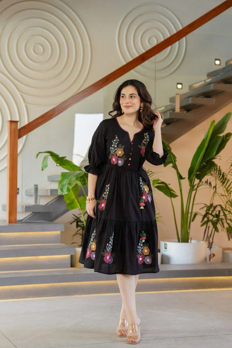 Flora Noir Midi Dress