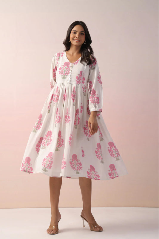 Pink Floral Handblock Printed Cotton Dress