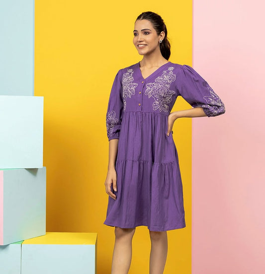 Purple Cotton Embroidered Dress