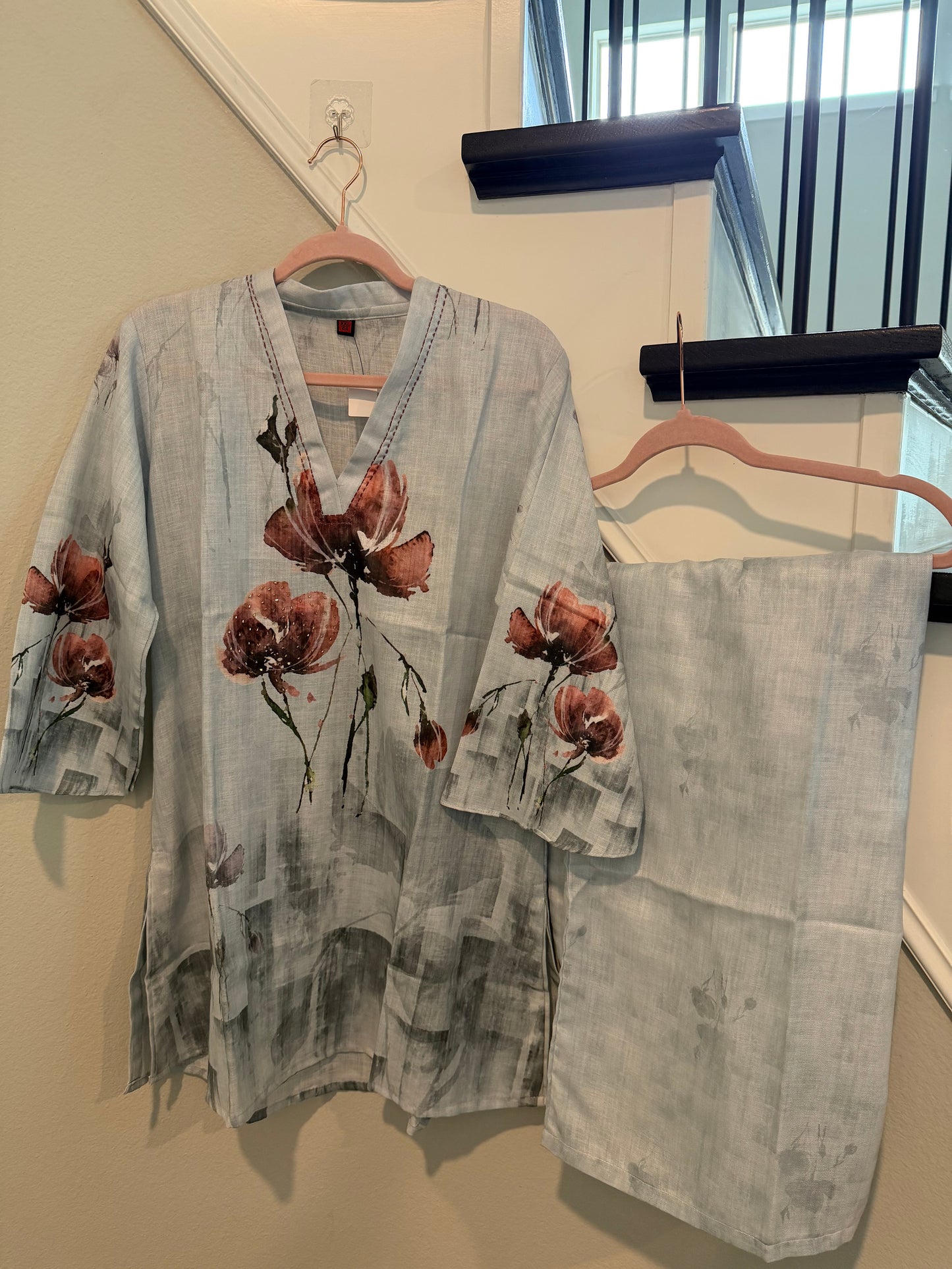 Ice Blue Floral Cotton-Linen Co-ord Set