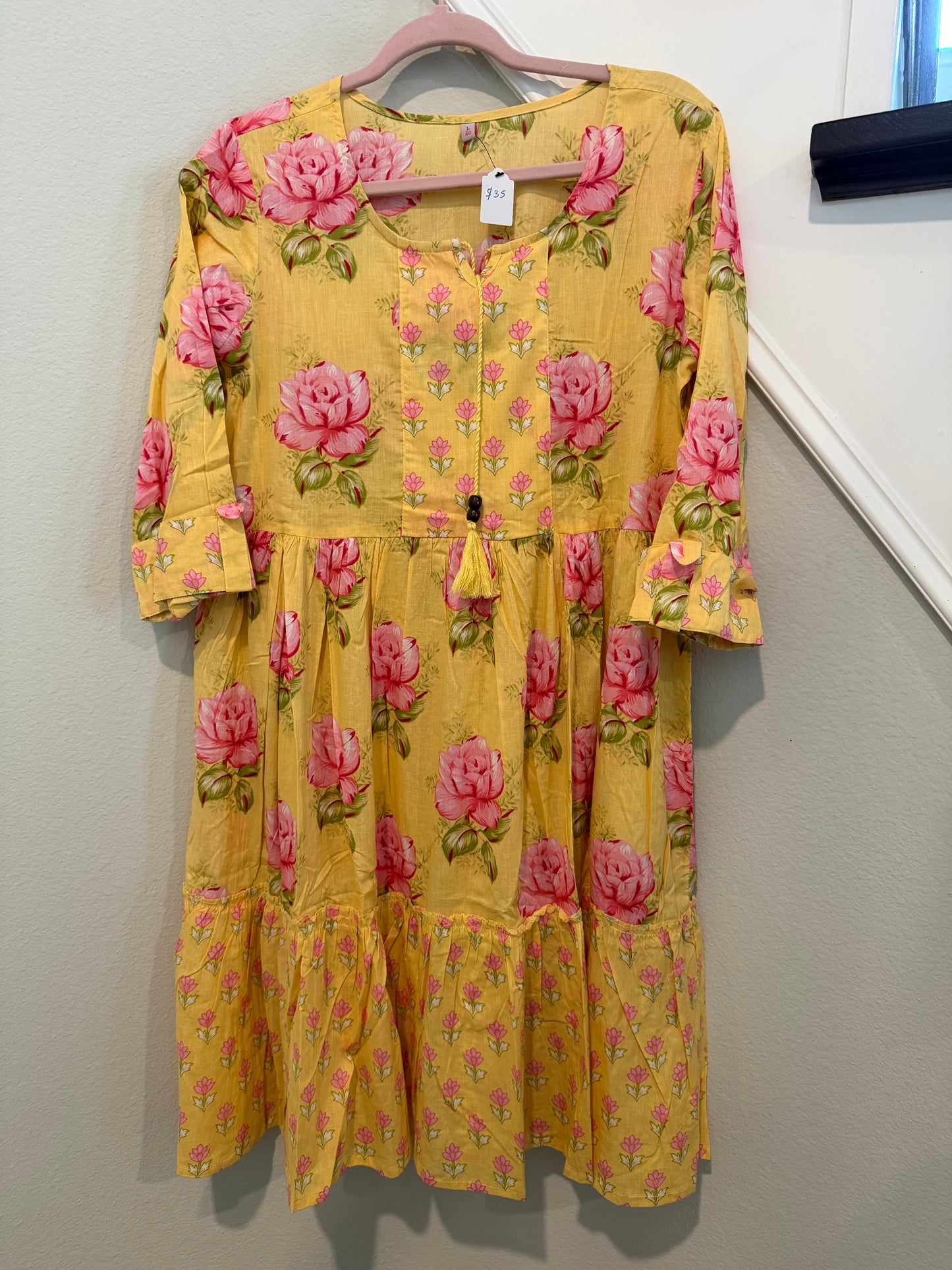 Sunlit Bloom: Mustard Yellow Floral Cotton Tiered Dress
