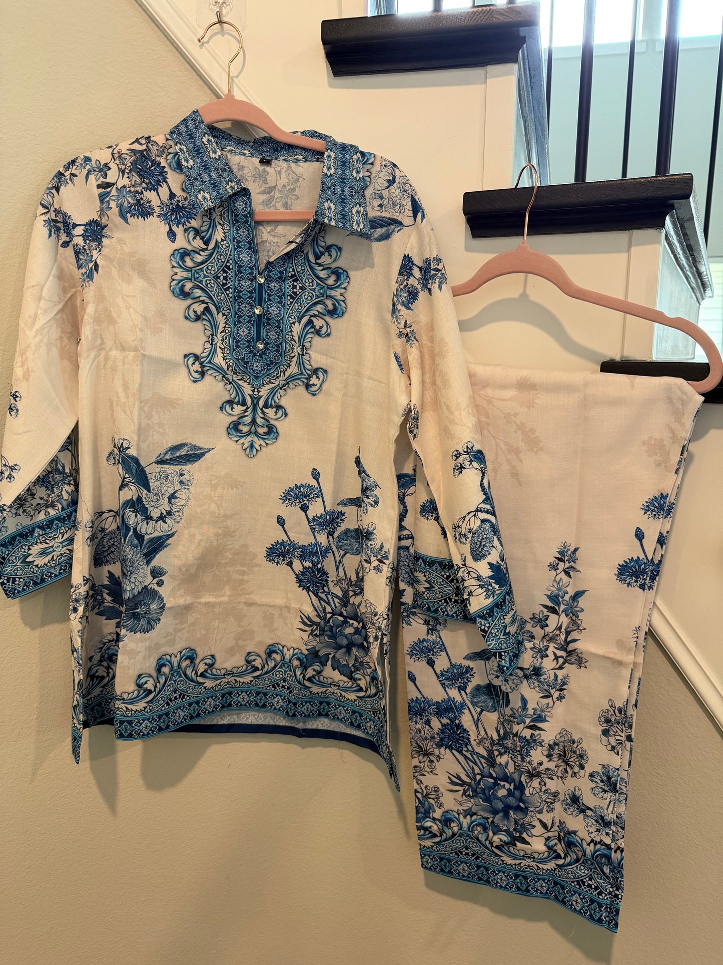 Elegance in Bloom: White & Blue Printed Cotton Co-ord Set