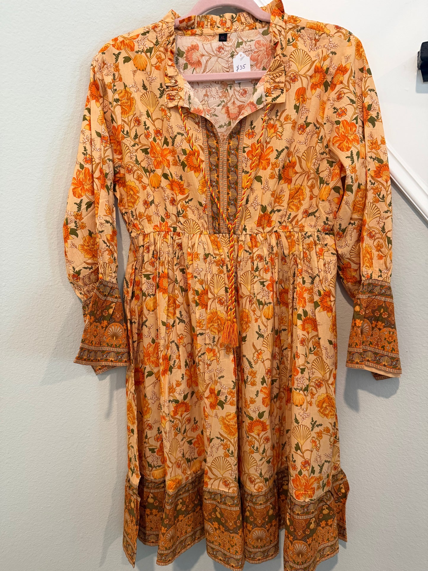 Autumn Glow: Peach & Marigold Floral Cotton Boho Dress