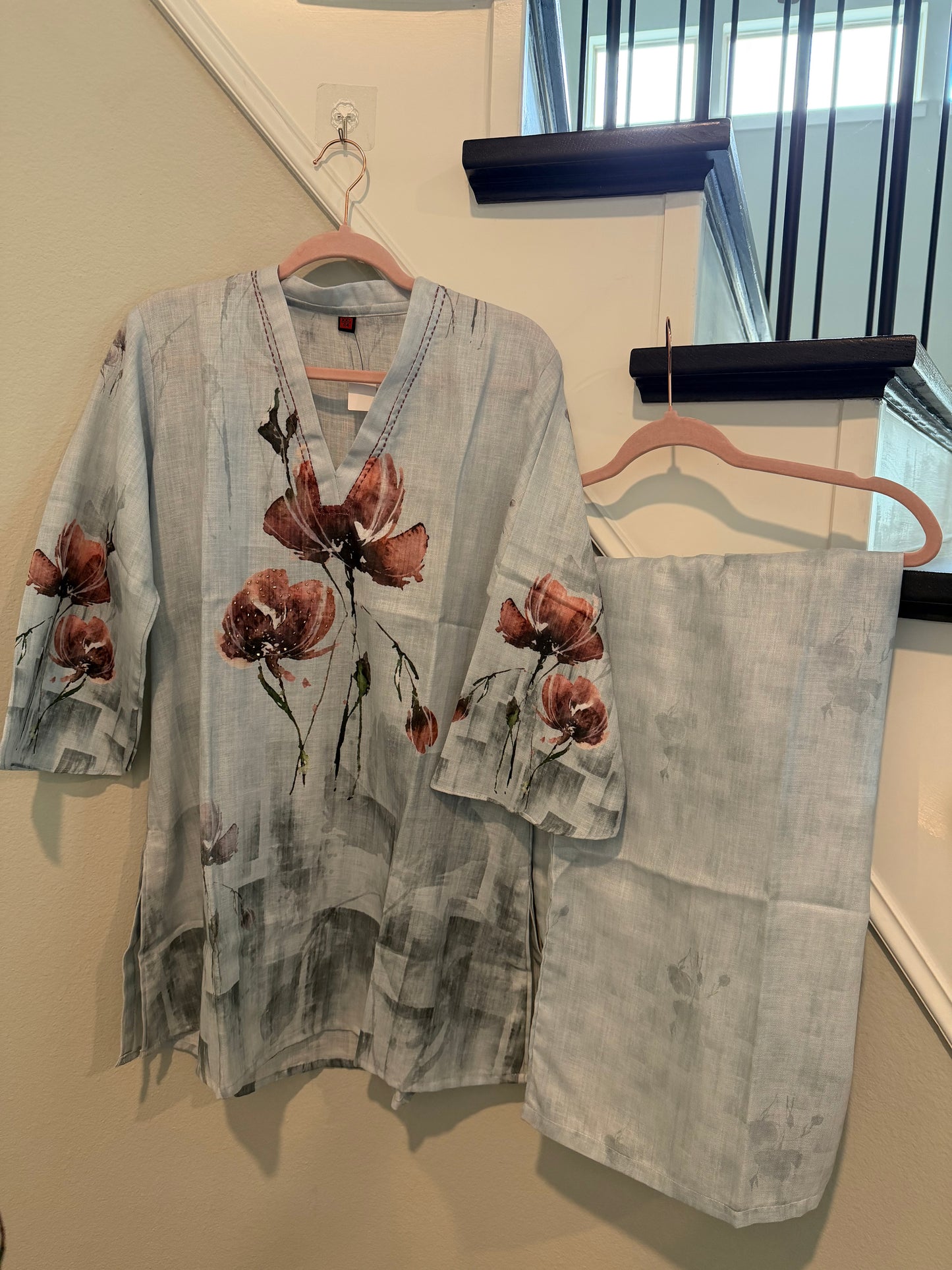 Ice Blue Floral Cotton-Linen Co-ord Set