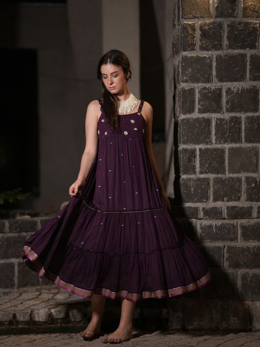 Purple Jamdani Cotton Midi Dress