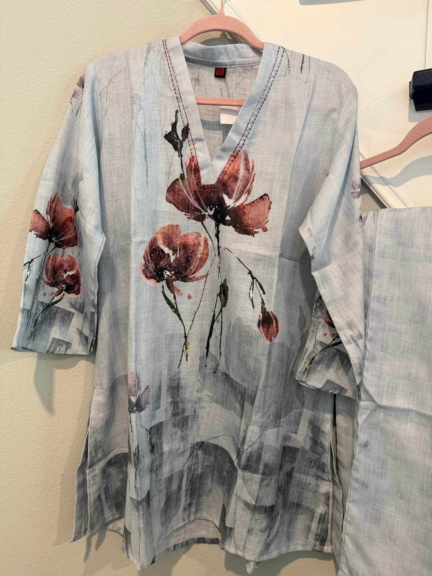 Ice Blue Floral Cotton-Linen Co-ord Set