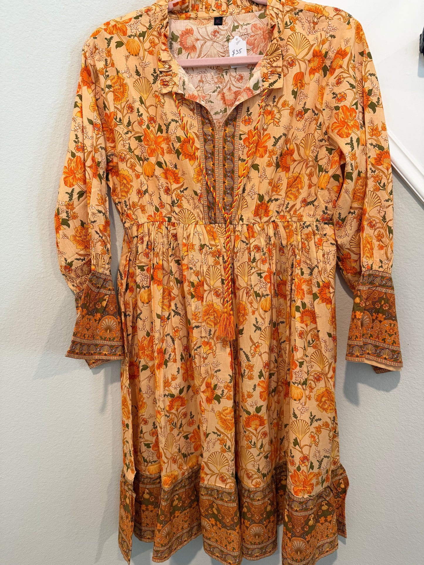 Autumn Glow: Peach & Marigold Floral Cotton Boho Dress