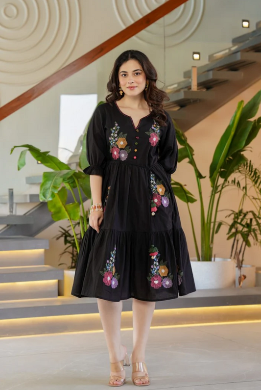 Flora Noir Midi Dress