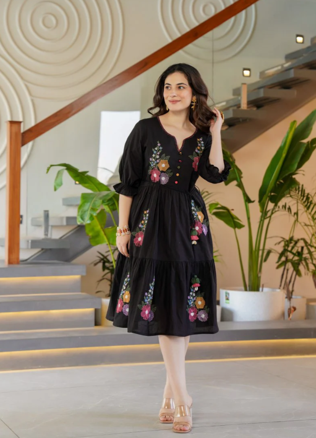 Flora Noir Midi Dress
