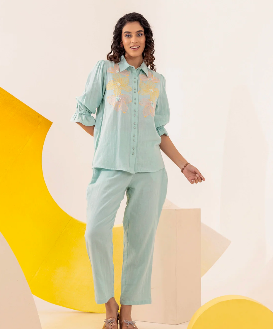 Pastel Blue Embroidered Coord Set