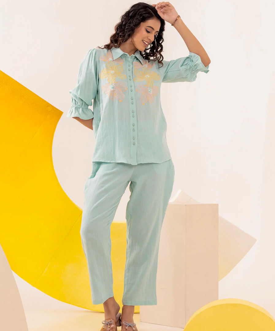 Pastel Blue Embroidered Coord Set